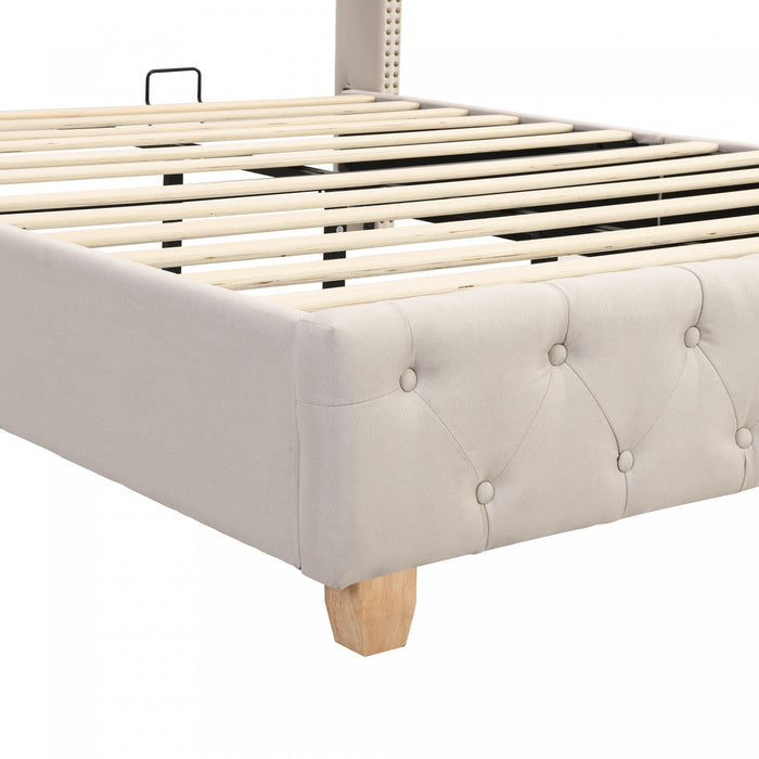 Haley Linen Upholstered Platform Bed with Classic Wingback Headboard and Diamond Tufted Upholstery,Full Size,Beige Full Bed