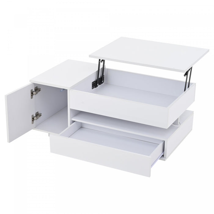Oliver Height Adjustable Coffee Table with Drawer Cabinet LED Lighting and Storage,White