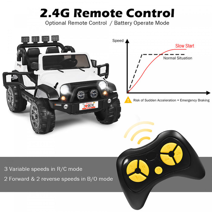 Costway 12v Kids Ride On Car 2 Seater Truck Rc Electric Vehicles W/ Storage Room White