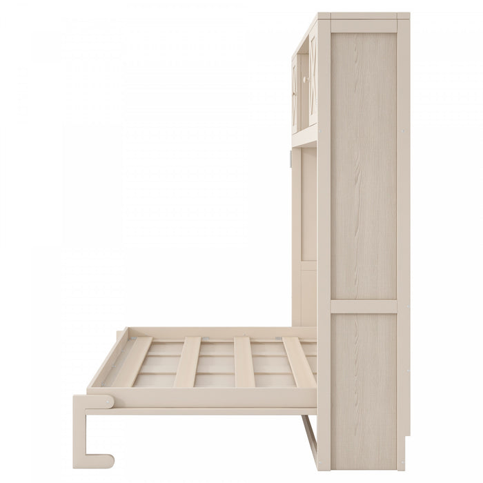 Ethan Solid Wood Murphy Bed with Storage Cabinets,Queen Size,Beige Queen Bed