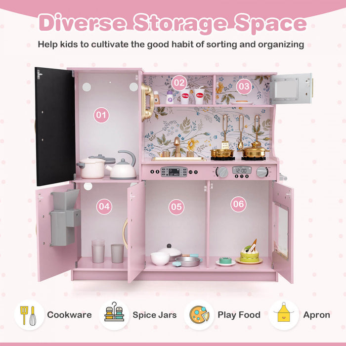 Costway Kid's Pretend Play Kitchen Toddler Kitchen Playset With Blackboard Light Pink