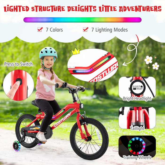 Costway 16\" Led Lighted Kids Bike With Adjustable Seat Coaster Brake Training Wheels Red