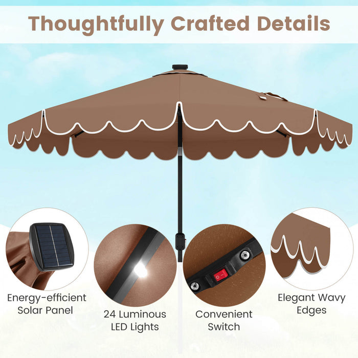Costway 9.3 FT Solar Patio Umbrella Outdoor Market Sunshade with 24 LED Lights Ruffles Brown