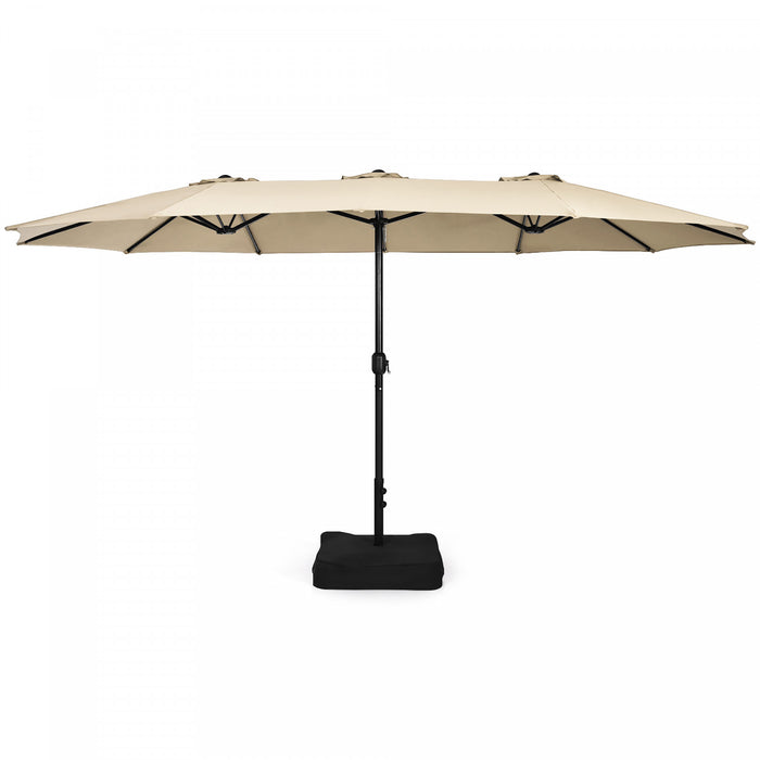Costway 15FT Double-Sided Twin Patio Umbrella Outdoor Market W/ Crank & Base Beige