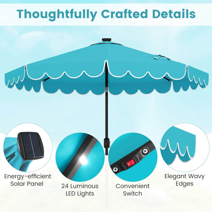 Costway 9.3 FT Solar Patio Umbrella Outdoor Market Sunshade with 24 LED Lights Ruffles Turquoise
