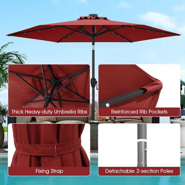 Costway 7.5 ft Solar Powered Patio Umbrella with LED Lights Push Button Tilt Crank Handle Red