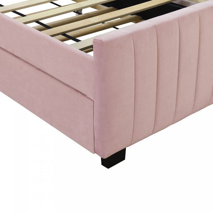 Ethan Space-Saving Velvet Upholstered Platform Bed with Trundle,Twin Size,Pink Twin Bed
