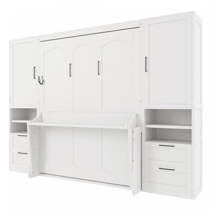 Maria Murphy Bed with Drawers and Shelves,Queen Size,White Queen Bed