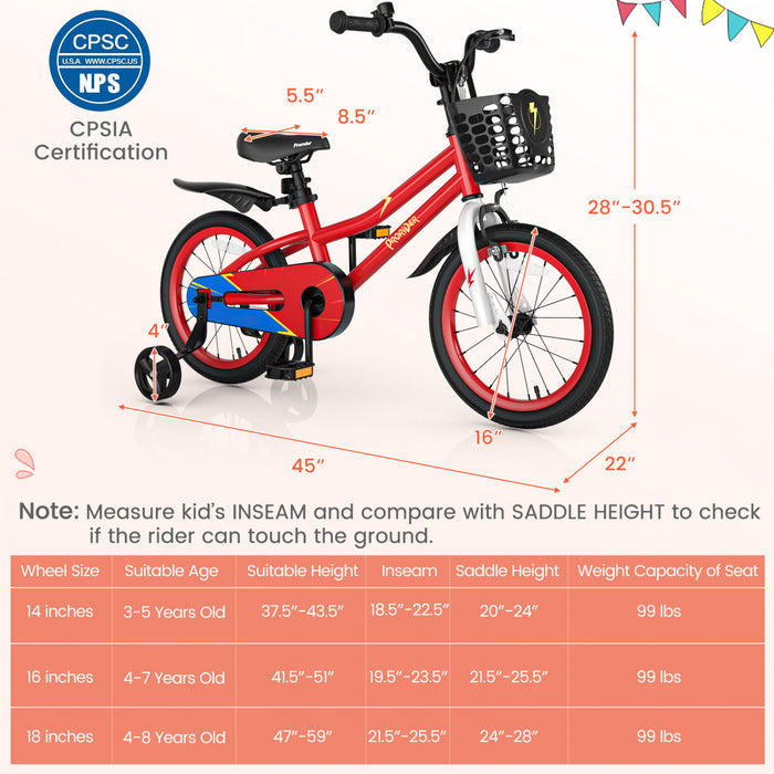 Costway 16\" Kid's Bike With Removable Training Wheels & Basket For 4-7 Years Old Red