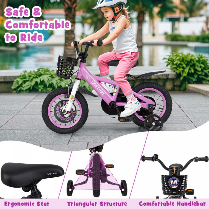 Costway 12\" Kid's Bike For 3-4 With Height-adjustable Handlebar & Saddle Handbrake Purple