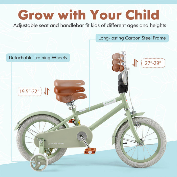 Costway 14\" Kids Bike With Adjustable Saddle Handlebar Removable Training Wheels Handbrake Green