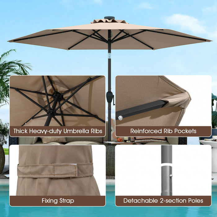Costway 7.5 ft Solar Powered Patio Umbrella with LED Lights Push Button Tilt Crank Handle Brown