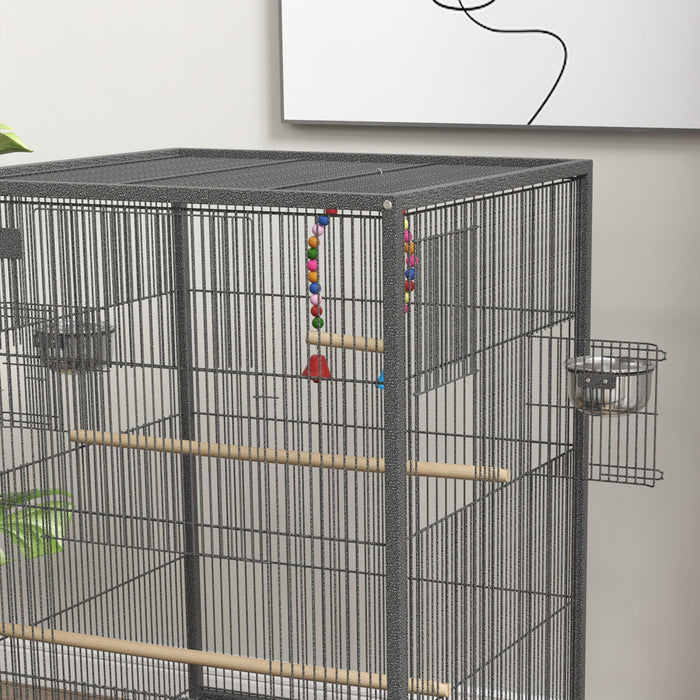 Pawhut 29\" Bird Cage With Rolling Stand For Parrots, Love Birds, And Finches, Large Bird Cage With Colourful Swing, Stainless Steel Bowls, Removable Tray - Grey