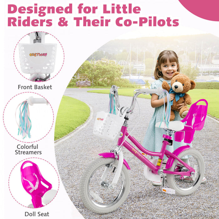 Costway 14\" Kids Bike With Training Wheels Doll Seat Basket Streamers Hand Brake Pink