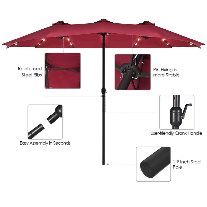 Costway 15Ft Patio Double-Sided Solar LED Market Umbrella Crank Burgundy