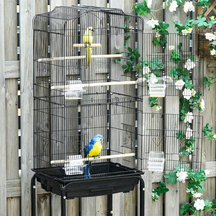 Pawhut 62\" Bird Cage Budgie Cage With Wheels, Detachable Stand, Storage, Black