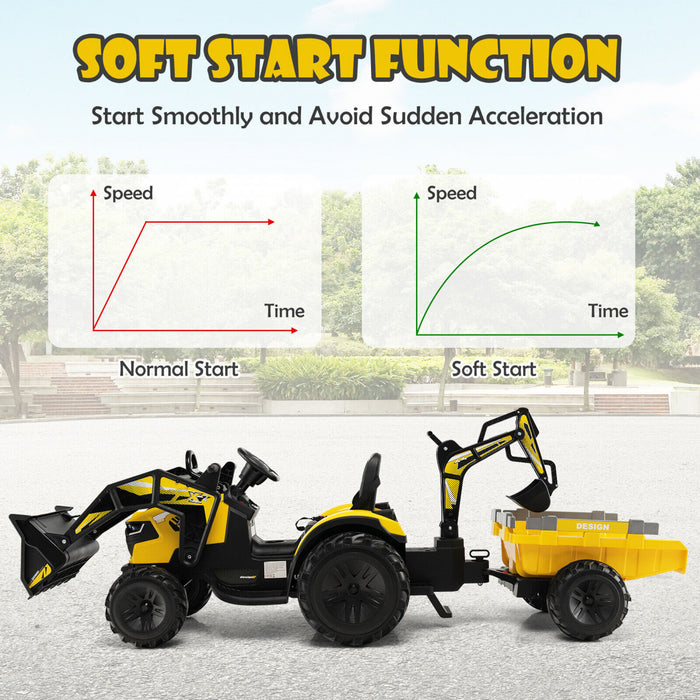 3-in-1 Kids Ride On Excavator Bulldozer 12v Electric Tractor Remote W/ Trailer Yellow