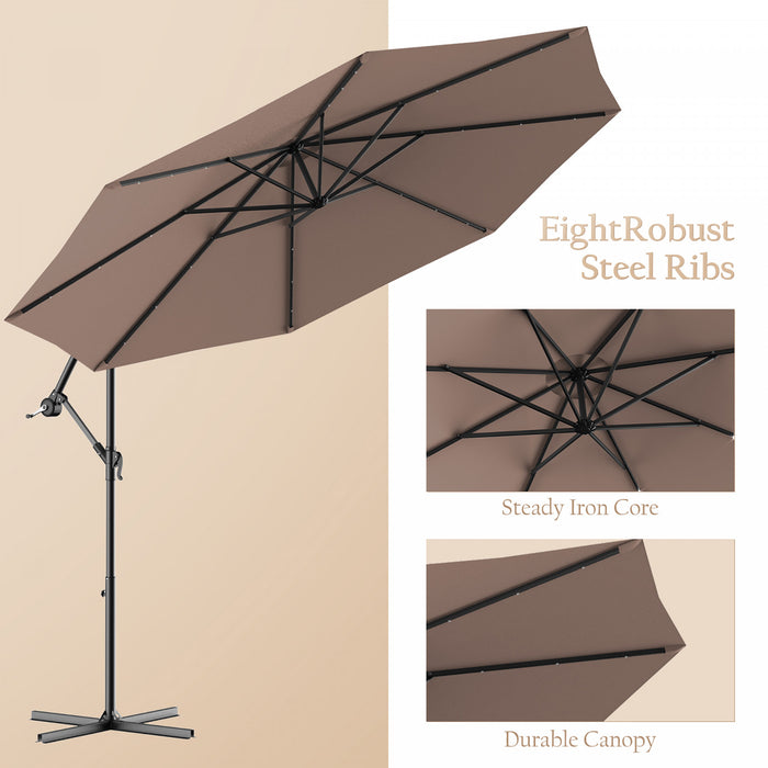 Costway 10' Hanging Solar LED Umbrella Patio Sun Shade Offset Market W/ Base Tan