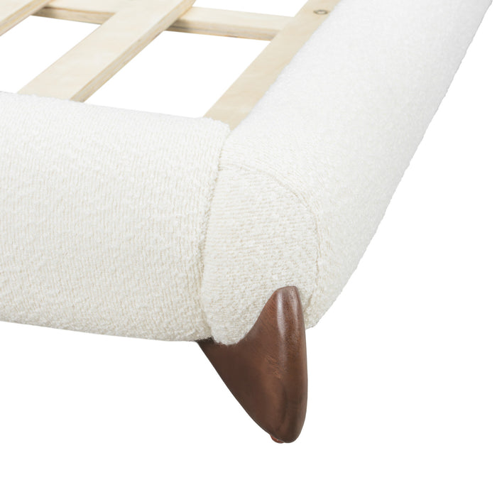 Emma Low Profile Platform Bed Frame with Curved Headboard and Boucle Upholstery, Queen Size,Cream White Queen Bed