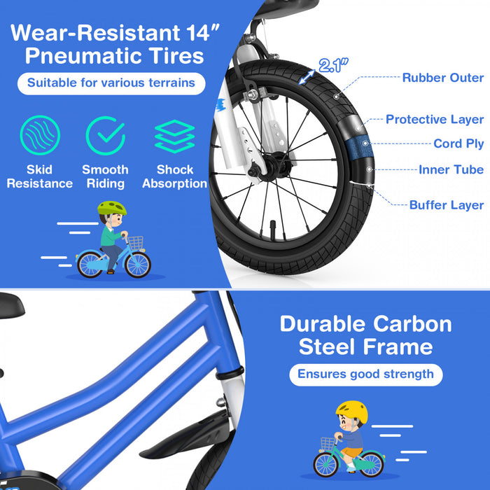 Costway 14'' Kid's Bike With Removable Training Wheels & Basket For 3-5 Years Old Skyblue