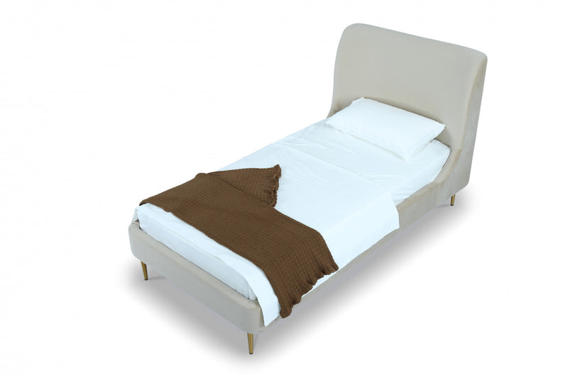 Heather Mid-Century Modern Velvet Upholstered Twin Bed in Cream and Gold