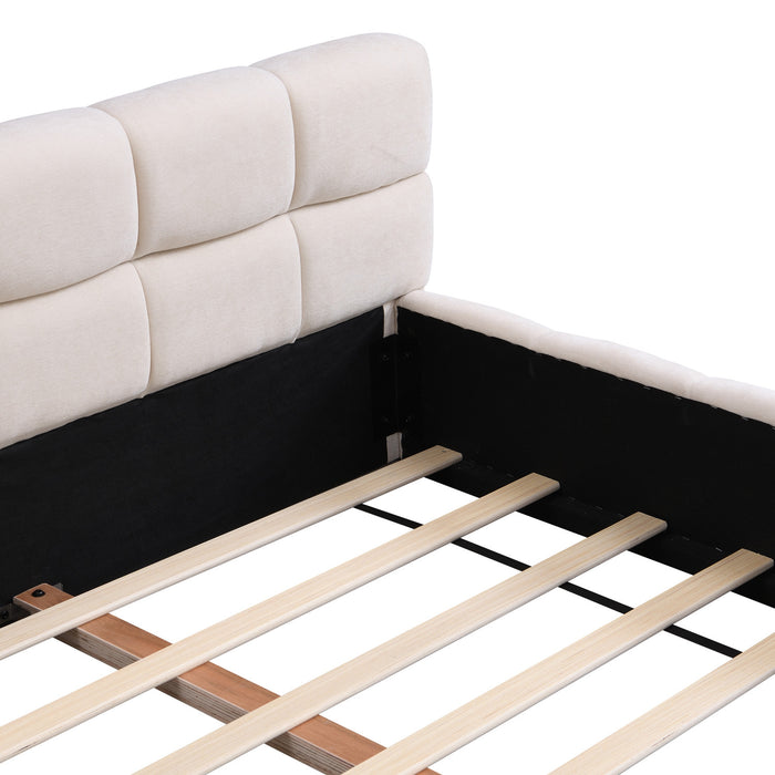 Eleanor Elegant Chenille Upholstered Bed with Checkerboard Design,King Size,Beige King Bed