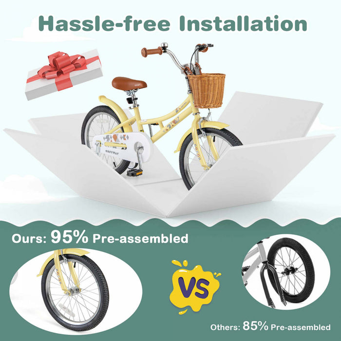 Costway 18\" Kids Bike With Height Adjustable Handlebar Seat Basket Bell Training Wheels Yellow