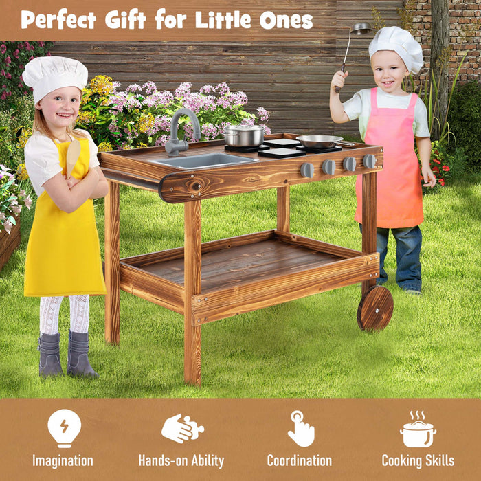 Costway Kids Wooden Mud Play Kitchen Cart With Sink, 4 Stoves & Storage Shelf Natural