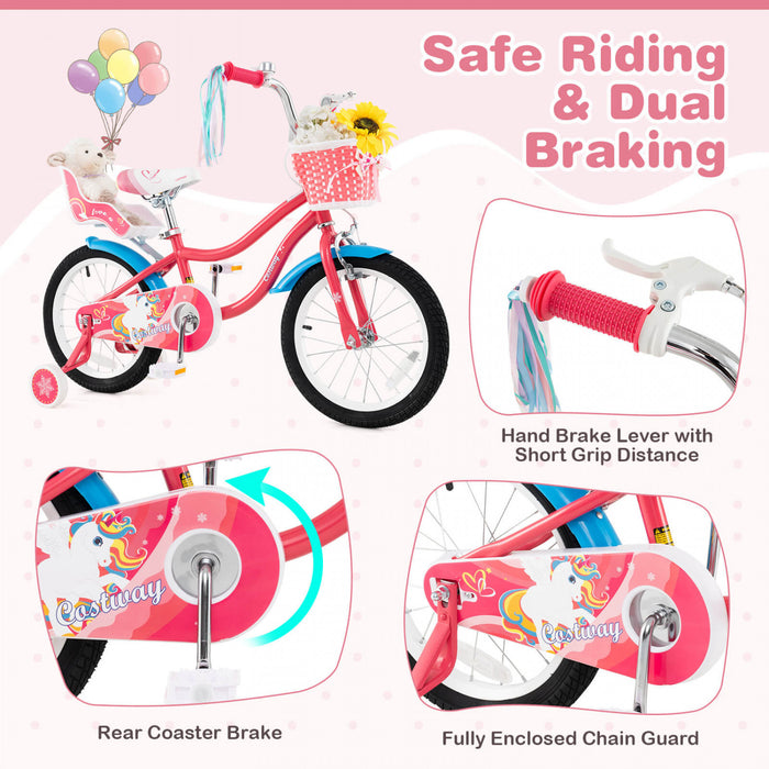 Costway 16\" Kids Bike With Basket Doll Seat & Colorful Streamers 2 Training Wheels Pink