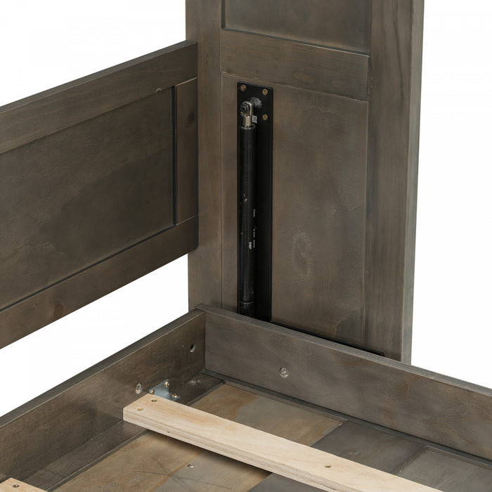 Olivia Solid Wood Murphy Bed with LED Light and Foldable Cabinet,Full Size,Brown Full Bed