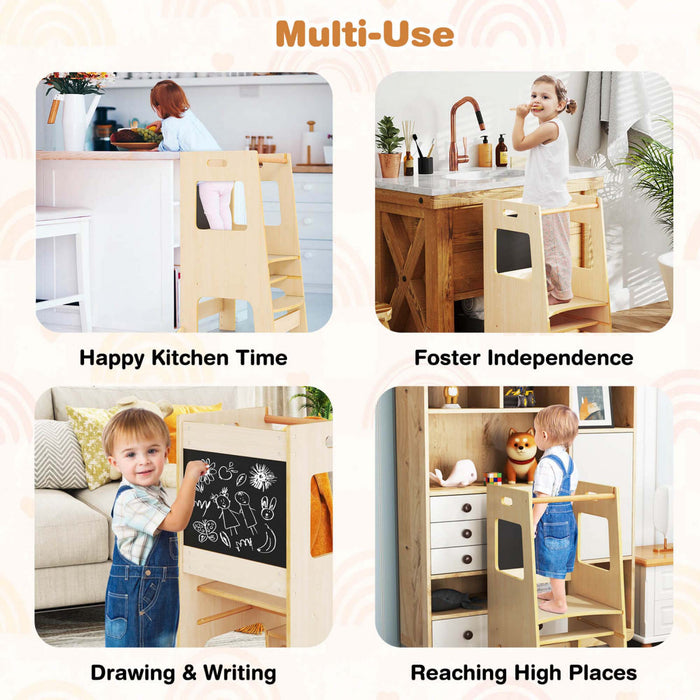 Costway Toddler Kitchen Step Stool With Activity Chalkboard Adjustable Height & Safety Rail Beige