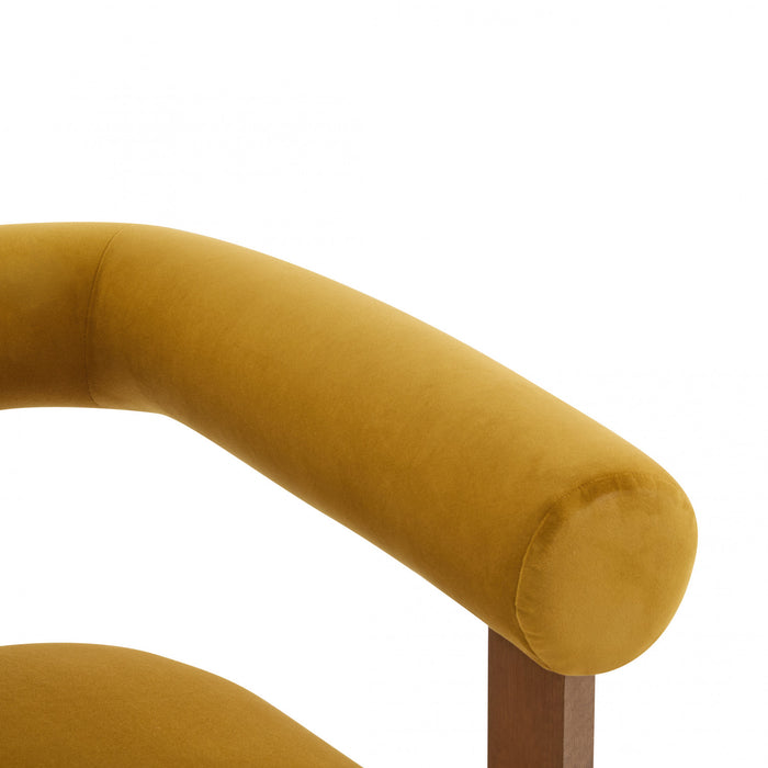 Crest Modern Upholstered Round Arm Accent Chair with Three-Leg Design, Mustard Yellow, Walnut