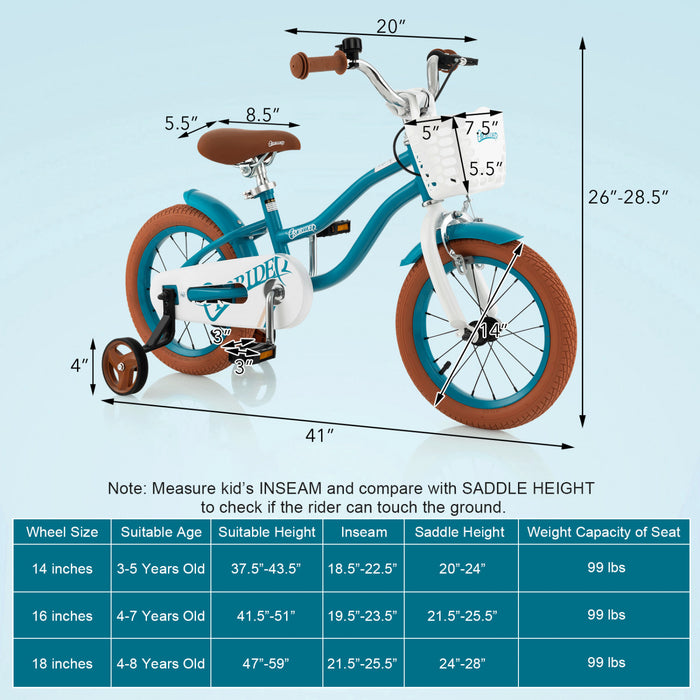 Costway 14\" Kid's Bike With Removable Training Wheels & Basket For 3-5 Years Old Blue