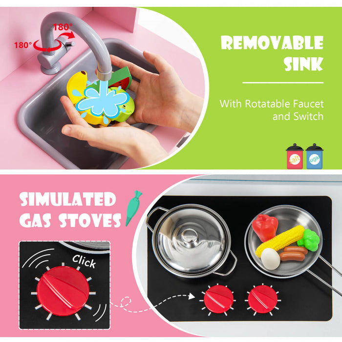 Costway Kids Kitchen Playset Wooden Pretend Play Chef Toy With Microwave & Accessories Pink