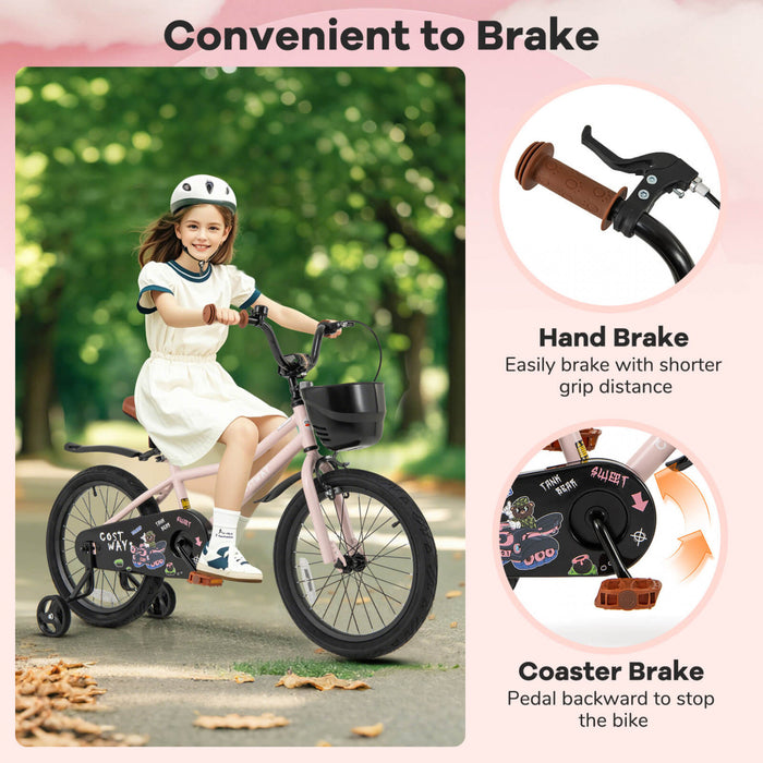 Costway 18\" Kid's Bike With Training Wheels Adjustable Handlebar & Seat Handbrake Pink