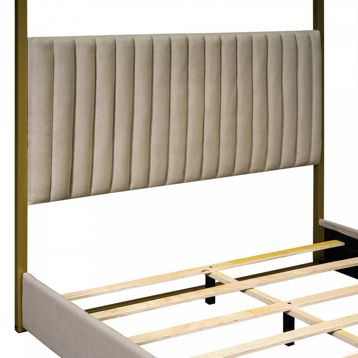 Sophia Upholstery Canopy Platform Bed with Foam Headboard and Velvet,Queen Size,Beige Queen Bed