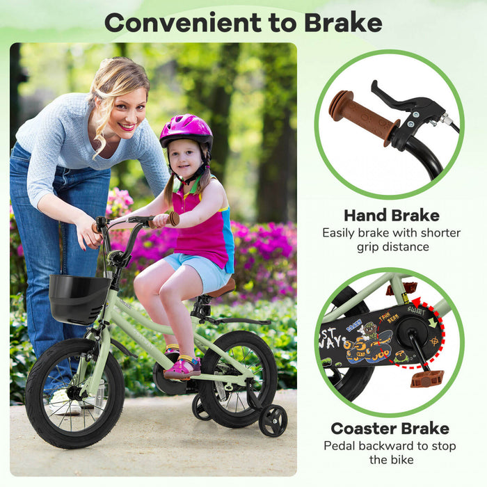 Costway 14\" Kid's Bike With Training Wheels Adjustable Handlebar & Seat Handbrake Green