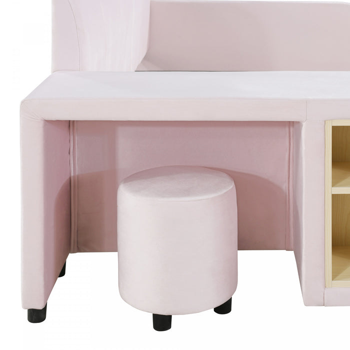 Lily Velvet Upholstered Grounded Bed with Desk and Stool,Queen Size,Pink Queen Bed