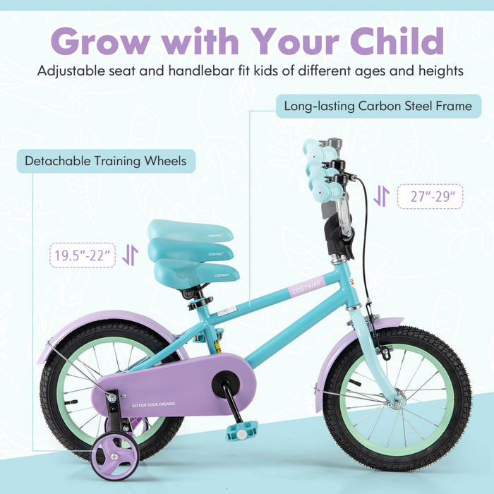Costway 14\" Kids Bike With Adjustable Saddle Handlebar Removable Training Wheels Handbrake Blue