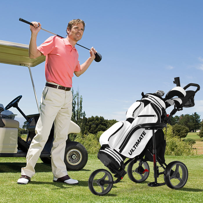 Goplus Folding 3 Wheels Golf Push Cart W/seat Scoreboard Adjustable Handle Grey