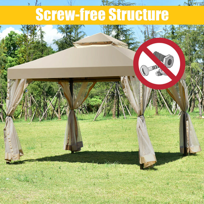Costway 2-tier 10'x10' Gazebo Canopy Shelter Awning Tent Patio Garden Screw-free Structure Brown