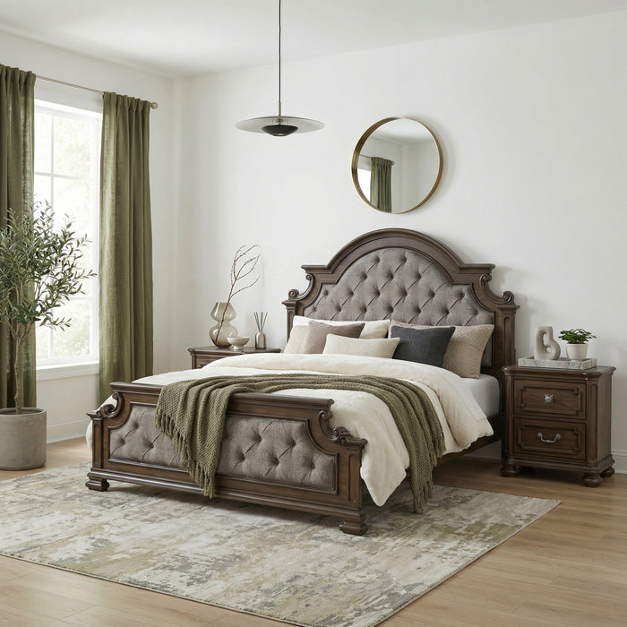Ambrose Panel Bed with Headboard & Frame, Wooden, Fabric, Brown - King Size