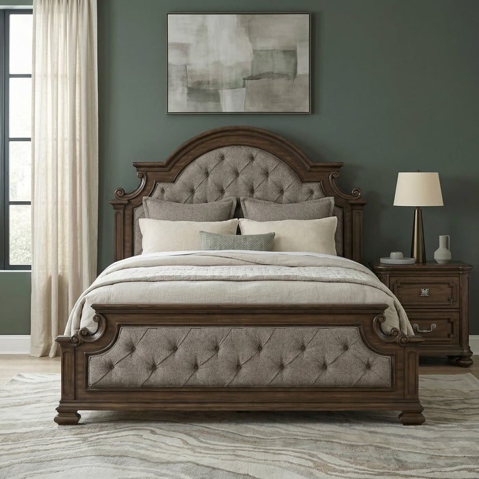Ambrose Panel Bed with Headboard & Frame, Wooden, Fabric, Brown - King Size