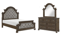 Ambrose 5pc Bedroom Set with Bed, Dresser & Mirror, Wooden, Fabric, Brown - Queen Size 