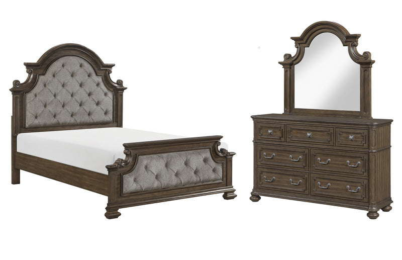 Ambrose 5pc Bedroom Set with Bed, Dresser & Mirror, Wooden, Fabric, Brown - Queen Size