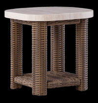 Banff Outdoor Patio End Table - Resin Wicker & Aluminum, Weather Resistant - Brown/Beige 