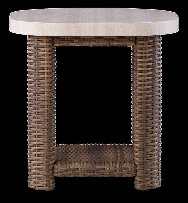 Banff Outdoor Patio End Table - Resin Wicker & Aluminum, Weather Resistant - Brown/Beige