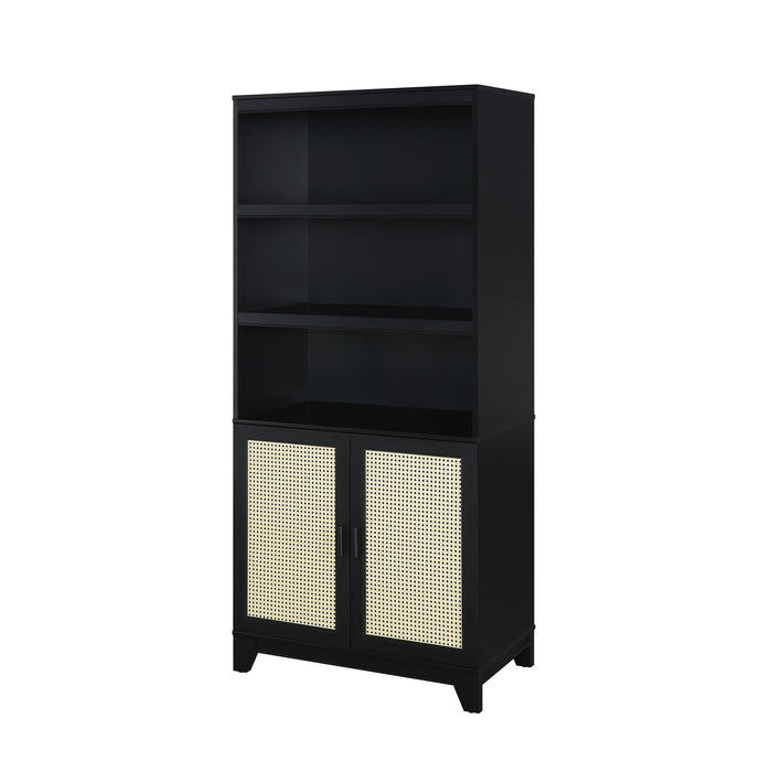 Manhattan Comfort Sheridan Modern Cane Bookcase with Adjustable Shelves - Black