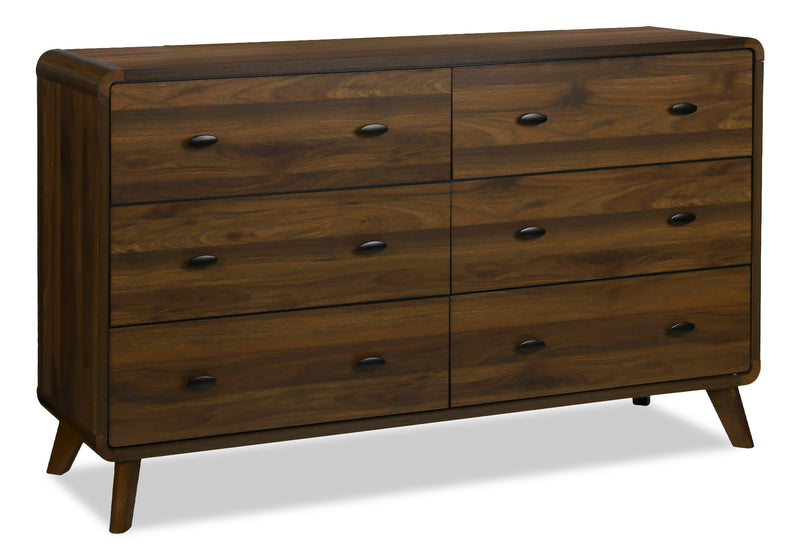 Cami 6pc Bedroom Set with Bed, Dresser, Mirror & Nightstand, Mid-Century Modern, Brown - Queen