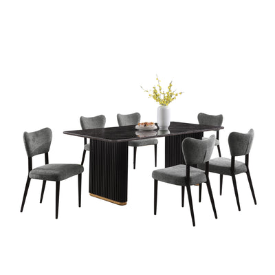 Kort & Co. Capri 7pc Dining Set with Table & 6 Chairs, Gold Accent, Pedestal Base, 72"W – Charcoal | Ensemble de salle à manger Capri de Kort & Co. 7 pièces avec table de 72 po (L), touches dorées, base piédestal et 6 chaises - anthracite